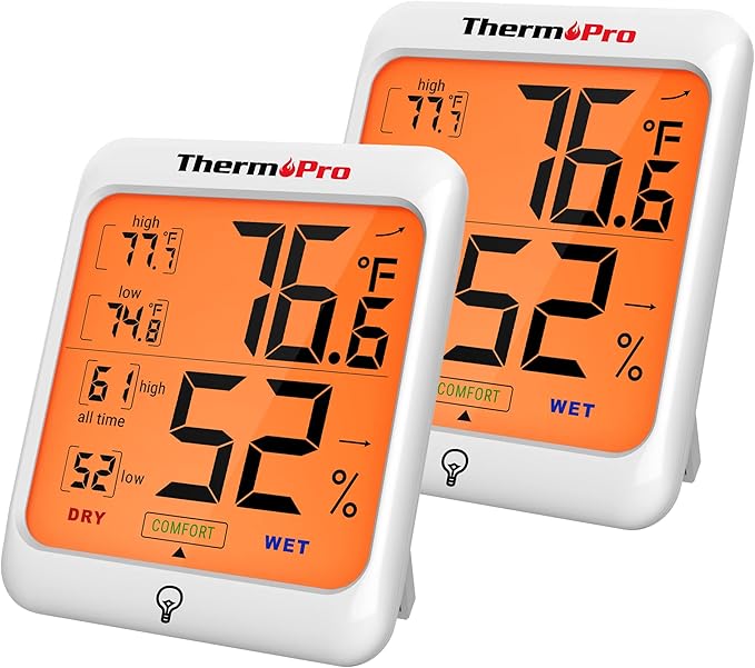 ThermoPro TP53 2 Pack Digital Hygrometer Indoor Thermometer for Home, Temperature Humidity Sensor with Comfort Indicator & Max Min Records, Room Thermometer Humidity Meter with Backlight Display by ThermoPro