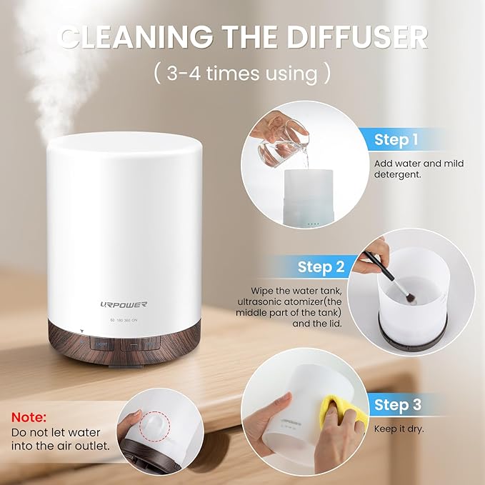 URPOWER 300ml Essential Oil Diffuser Ultrasonic Air Humidifier AUTO Shut Off Aromatherapy Scent Diffuser Night Light 7 Color Changing LED Lights and 4 Timer Settings for Home Office Yoga - Image 5