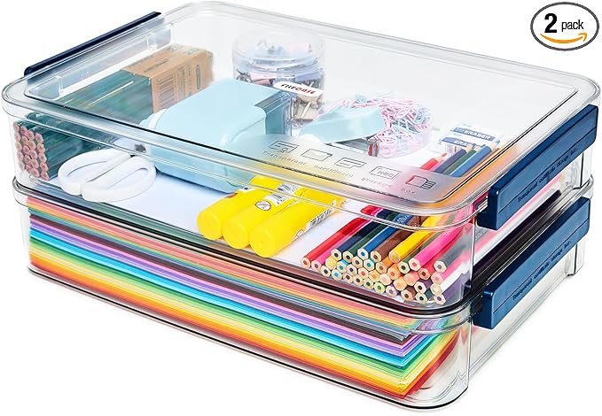 2 Pcs 5.5qt 9 x 13 Plastic Portable Project Case With Snap-Tight Latch Clear Stackable Storage Box With Lids Organizer Container For A4 File Photo Documents Scrapbook Craft Art Supplies by CATOOMUU