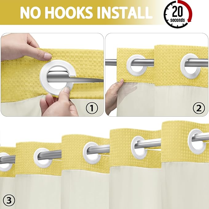 No Hook Shower Curtain and Liner Set,Yellow Hotel Waffle Shower Curtain with Liner 75" L x 72" W - Image 2