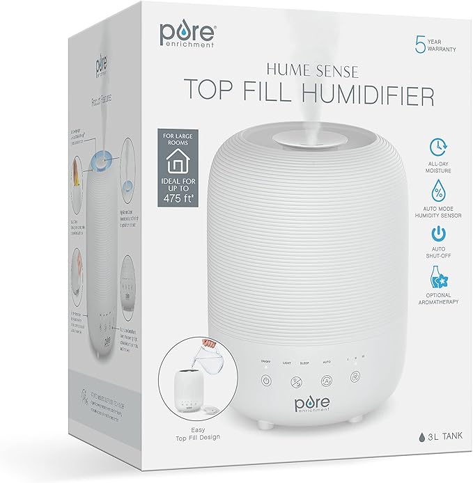 Pure Enrichment® HUME™ Sense Top Fill Humidifier – Large 3L Tank, Auto Mode Humidity Sensor, 3 Mist Settings, Optional Night Light, Optional Aromatherapy, Sleep Mode & Auto Shut-Off - Image 7