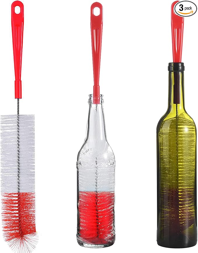 ALINK 3-Pack Long Red Bottle Cleaning Brush for Narrow Neck Beer, Wine, Kombucha, Hydroflask, Thermos, Sport Well, Carafe, Brewing Bottle Cleaner, 16 Inches by ALINK