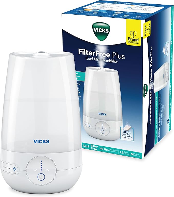 Vicks FilterFree Plus Cool Mist Plus Humidifier (VUL565), Medium Room –Filter-Free Cool Mist Humidifier for Baby, Kids and Adult Rooms, Works with Vicks VapoPads by VicksDevices