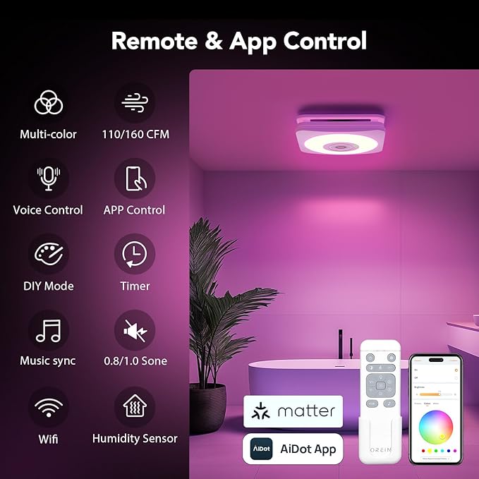 OREiN 4-in-1 Matter Smart Bathroom Exhaust Fan with Light, Bluetooth Speaker & Humidity Sensor, 110/160 CFM, 1500LM 2700K-6500K, Alexa/App/Remote Control, Required Ceiling Opening 11.39"x10.42" - Image 4