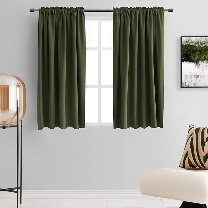DONREN Olive Green Blackout Curtains 48 Inch Length 2 Panels Set - Rod Pocket Room Darkening Thermal Insulated Curtains & Drapes for Boys Bedroom/Cabin/Loft,W52 x L48 Inches Long by DONREN