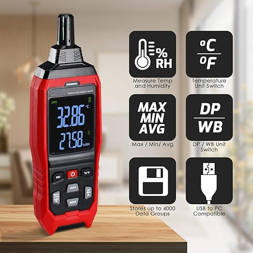 Temperature Humidity Meter, Digital Thermometer Hygrometer Monitor (WB/DP) with 4000 Data Storage, USB Export and Buzzer Alarm for HVAC, Labs, Greenhouses - Image 2