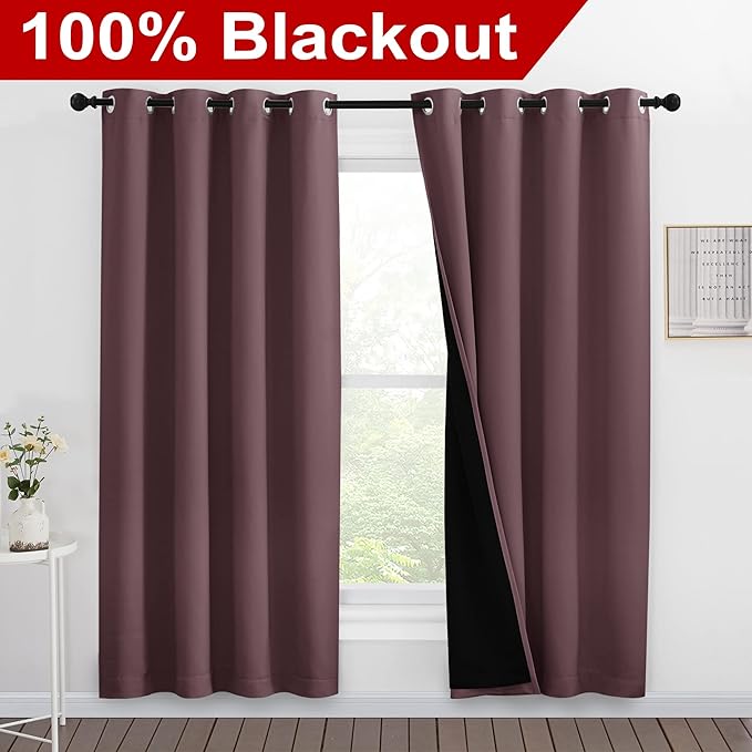 NICETOWN Living Room Completely Shaded Draperies, Privacy Protection & Noise Reducing Ring Top Drapes, Black Lined Insulated Window Treatment Curtain Panels (Dry Rose, 2 Pieces, W55 x L78) - Image 2