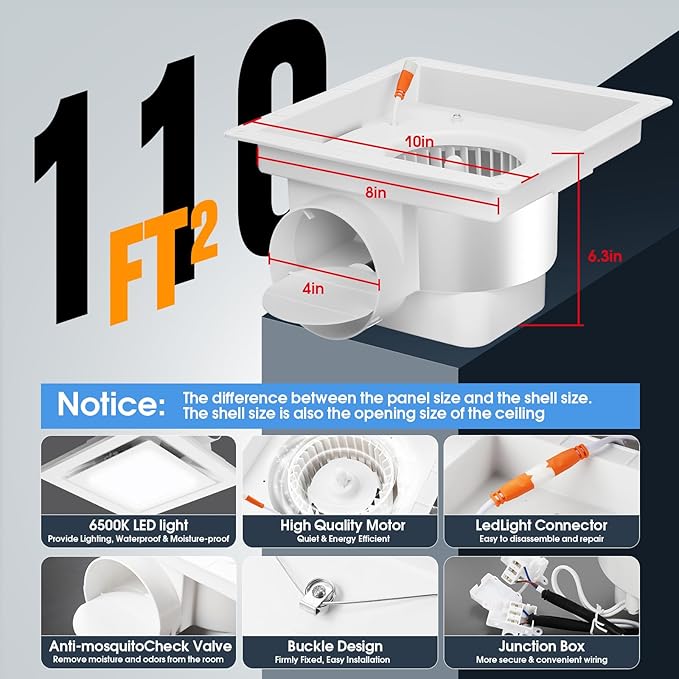 FEITON Bathroom Exhaust Fan with Light, Ceiling Mount, 110 CFM 1.0 Sones 4 Inch Duct, Quiet Square Bath Fan Light Combo, Shower Exhaust Fan with Light - Image 6