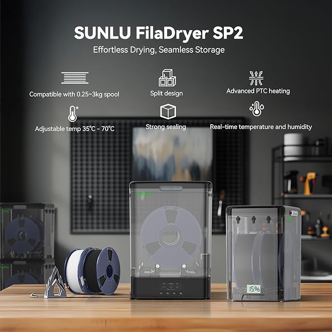 SUNLU Official Filament Box Dryer SP2,Accommodate 0.25-3KG,Compatible with filaments of 1.75/2.85mm diameter,Rapid heating,70℃ Max Temperature,Chamber and base Freely stackable separated design,Black. - Image 2