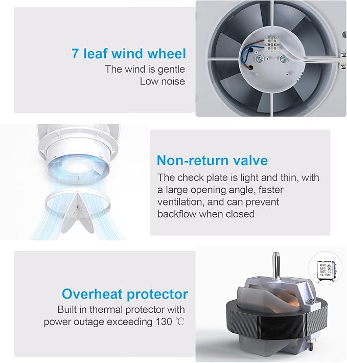 Bathroom Exhaust Fan, 6 inch Silent Ceiling and Wall Mount Ventilation Fan with Anti-Backflow Check Valve, Balanced Air Solution, for Tub Shower Enclosure, 110V (Square) - Image 3