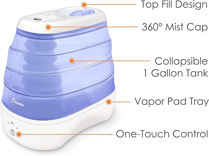 Crane Collapsible Cool Mist Humidifier for Bedroom and Office, 1 Gallon Portable Humidifier for Travel and Easy Storage, Blue and White - Image 3