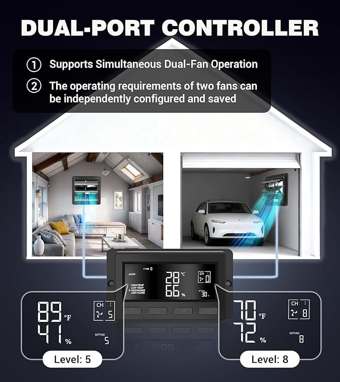 YOZON 10 Inch Attic Fan with Thermostat, Garage Exhaust Fan with Smart Temperature Humidity Controller, EC Motor, 700 CFM, 10-Speed Adjustable for Chicken Coops, Greenhouses, Workshop Ventilation - Image 3