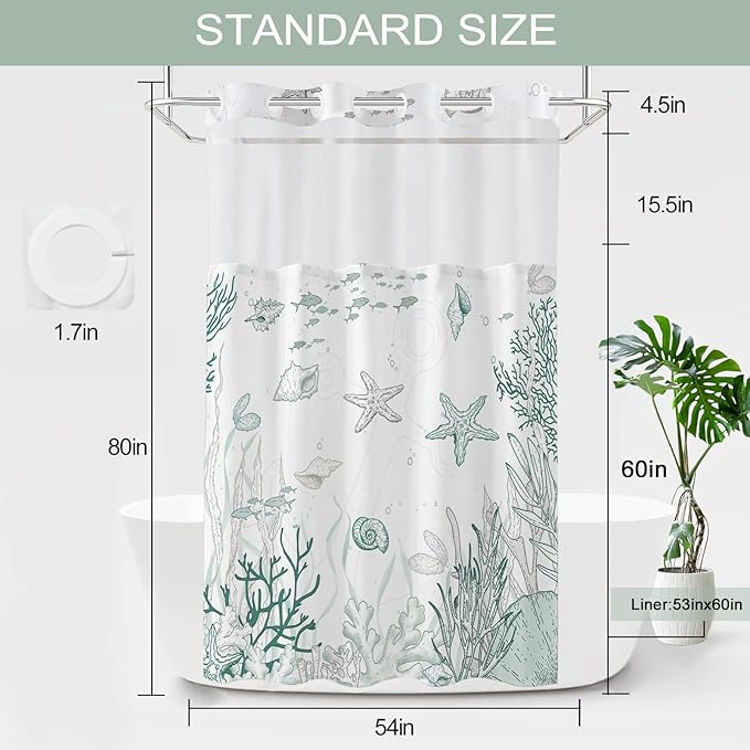Stall No Hook Shower Curtain with Snap in Liner, Beach Ocean Nautical Coastal Shower Curtains and Liner Set for Bathroom, Seashell Fabric Bath Curtain, Waterproof Washable, Green 54" x 80" - Image 6