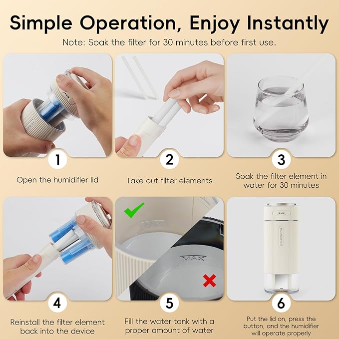 Portable Small Humidifiers for Travel, Mini Air Ultrasonic Humidifier with Filter Element - Cool Mist, Whisper Quiet, Nightlight, 350ML Tank, Car Modes, Perfect for Baby, Bedroom, Hotel, Desk, Plants - Image 8