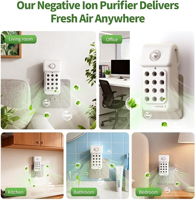 iDiskk 1Pack Plug in Air Purifier for Home，Negative Air ionizer & Motion Sensor, Mini Portable fresher for Bedroom, Bathroom, Office, Air Cleaner for Odor, Smoke, Pet Dander, Dust (White) - Image 5