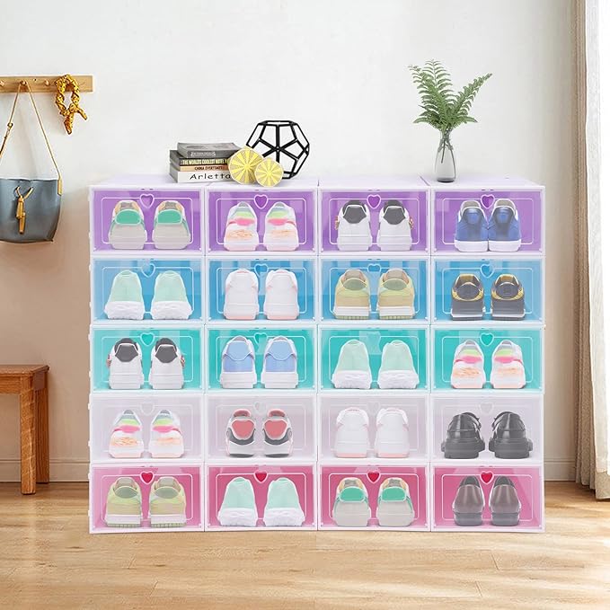 20 Pack Shoe Storage Box, Stackable Clear Plastic Shoes Organizer for Closet, Space Saving Foldable Shoe Rack Sneaker Container Bin Holder with Lids (Colorful) - Image 6