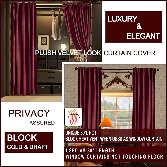 Burgundy Curtains for Bedroom,Blackout Velvet Victorian Room Darkening Insulating Thermal Drapes for Living Room,Back Tab Rod Pocket Single Curtain Panel,52 in Wide by 80 inch Long,Dark Wine Red - Image 3