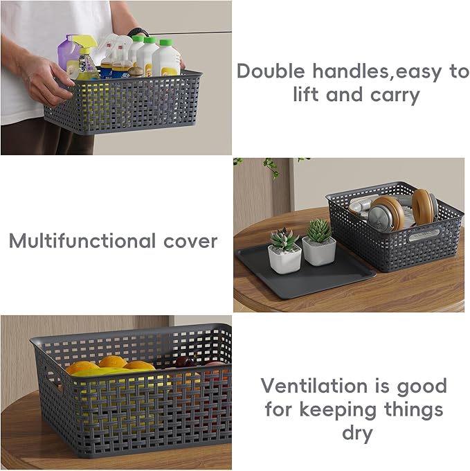 13 Quart Plastic Storage Baskets with Lid, Weave Organizing Bins, Gray, 6 Packs - Image 4