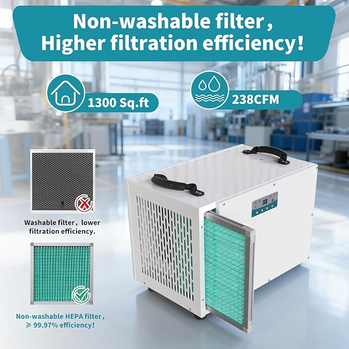 198 Pint Commercial Dehumidifier with Drain Hose for 1300 Sq Ft - Auto Defrost | Smart Control | Compact and Portable for Crawl Spaces, Basements and Industry Water Damage Unit - Image 3