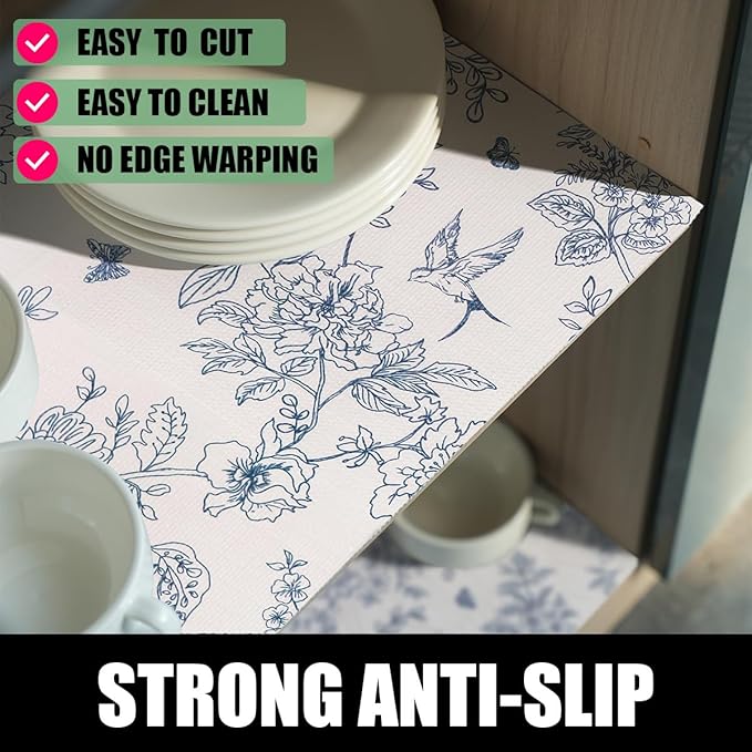 White and Blue Non-Slip Shelf Liner,16IN x 10FT Non-Adhesive and Strong Non-Slip Floral Shelf Cabinet Drawer Liners for Kitchen, Waterproof Cupboard Liners,Easy to Clean - Image 2