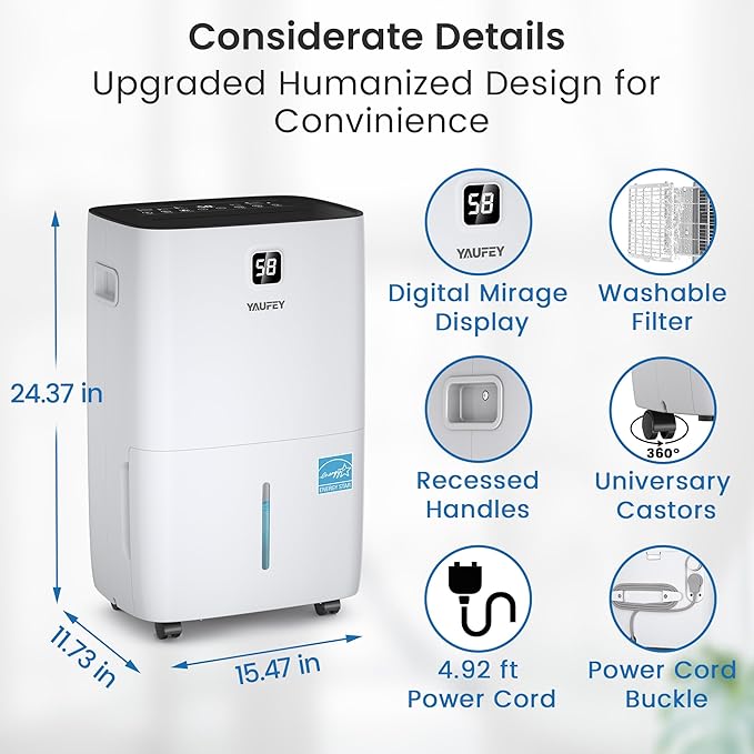Yaufey 150 Pints Energy Star Dehumidifier with Pump for Home, Basement and Large Room up to 7000 Sq. Ft., With Drain Hose, Timer, Intelligent Humidity Control and Large Water Tank - Image 9
