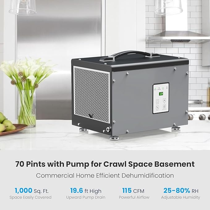 BaseAire Crawlspace Dehumidifier with Pump, Compact Dehumidifiers for Commercial, Basement and Water Damage with Drain Hose, 70 PPD, Auto Defrost, GLGR Technology, Up to 1000 Sq Ft - Image 3