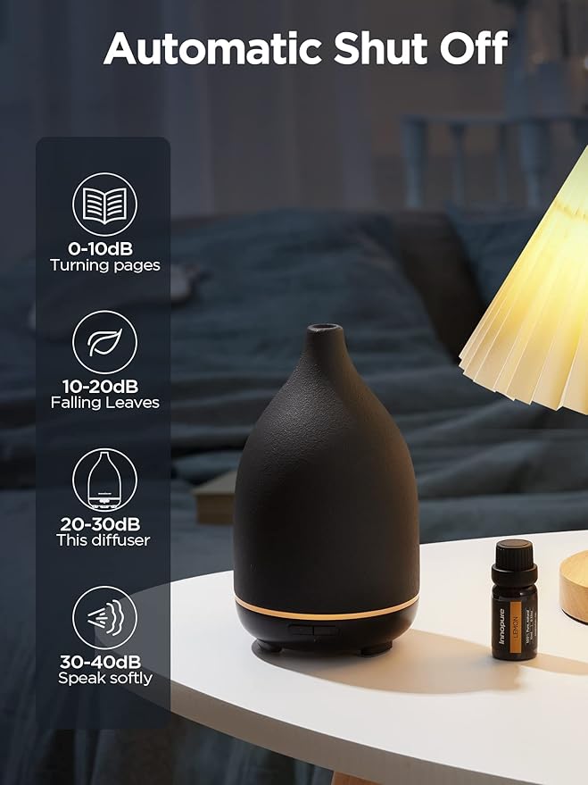 InnoGear Oil Diffuser, 150ML Ceramic Diffuser for Essential Oils Handcrafted Aromatherapy Diffuser Ultrasonic Cool Mist Humidifier with 2 Mist Modes Waterless Auto Off for Room Office, Black - Image 9