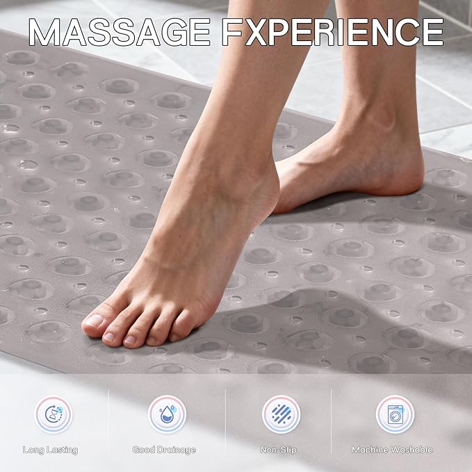 Anti-Slip Bathtub Shower mat, 39.3×15.7 inch（Approximately 100 × 40cm） Soft Oversized Machine Washable Non-Slip Bathtub mat with Drainage Holes, Bathroom Floor Suction Cup.（1-Clear Gray） - Image 5
