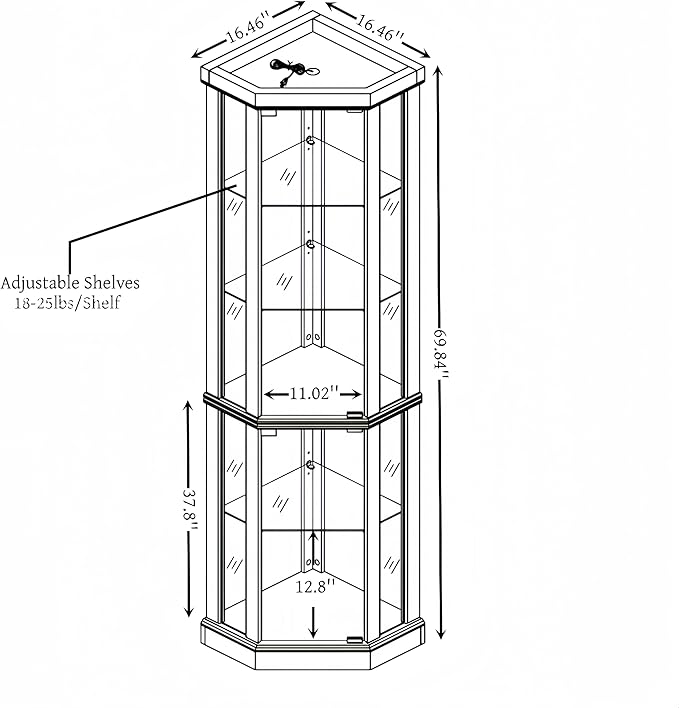 Elegant Corner Curio Cabinet with Lights & Tempered Glass Door, Wooden Display Cabinet with 4 Adjustable Glass Shelves & Mirrored Back for Living Room, Dining Room, Office (Oak) - Image 2