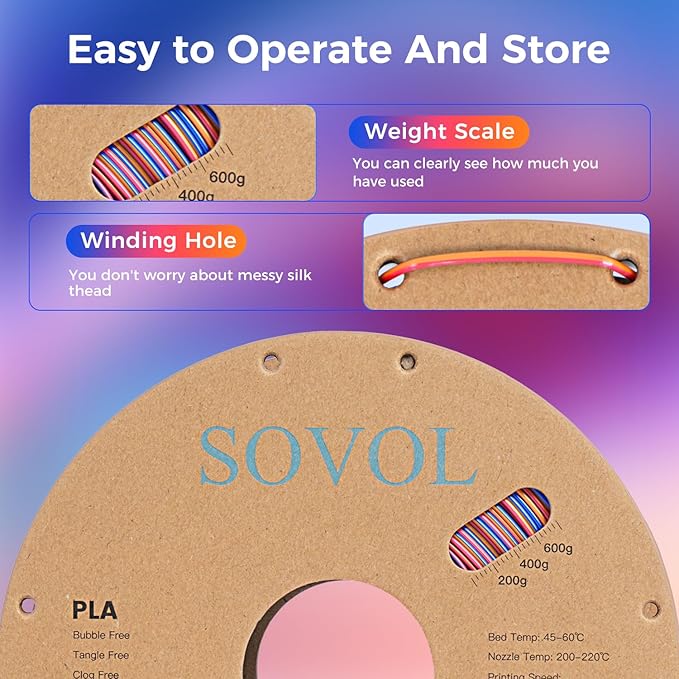 Sovol Silk PLA Filament Rotated Tri Color Co-Extrusion 1.75mm, Fast Change 3D Printer Filament 1kg/ 2.2lbs, Red Gold Blue 3 in 1 Coextrusion PLA Material +/-0.03mm - Image 7