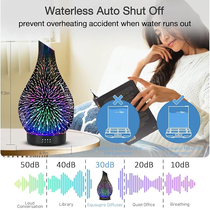 Essential Oil Diffuser 120ml Ultrasonic Aromatherapy Diffuser with Handmade Glass with Auto Shut-Off Protection 4 Timer Setting 7 Colors Changed LED Diffuser for Home Yoga Office Gifts for Women - Image 6