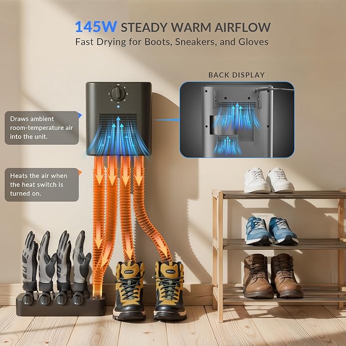Wall Mount Shoe and Boot Dryer with Glove Attachment Shoe Dryer for Boots Sneakers Gloves Ski Boot Dryer with 4 Flexible Tubes 4 Glove Racks 180 Min Timer (Black) - Image 7