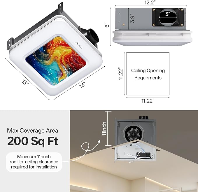 Bathroom Exhaust Fan with Light Humidity Sensor, Bathroom Fan with Humidity Sensor, 230 CFM 1.0 Sone Exhaust Fan, Venlitation Fan with 3CCT LED Light 7 LED Color, Remote Control Easy Install - Image 4