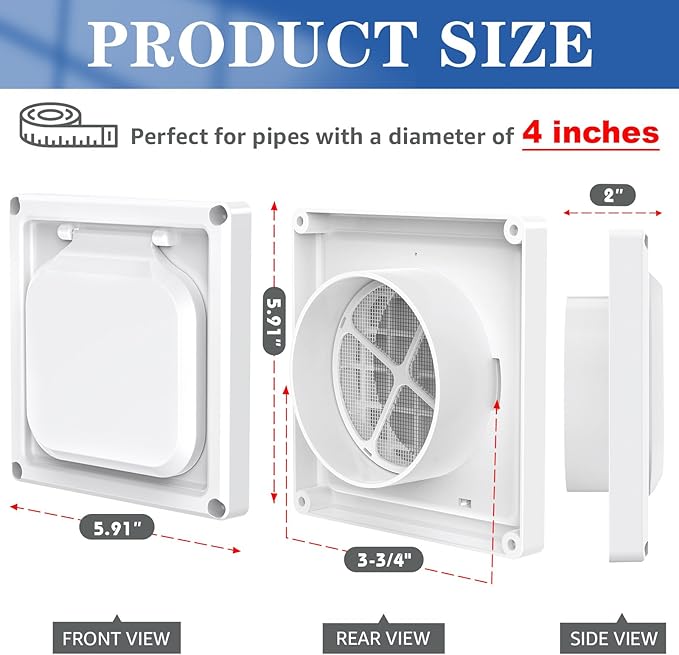 Dryer Vent Cover Outside 4 inch, Magnetic Door Design, Durable Airflow Vent with Lint Trap Screen, Thickened Material, 6 inch x 6 inch Size, White - Image 2