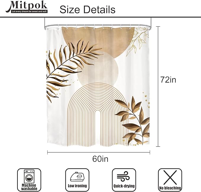 Beige Boho Shower Curtain 60Wx72H Bohemian Abstract Modern Mid Century Leaves Minimalist Contemporary Plant Cream Bathroom Decor Arch Simple Neutral Bath Curtain Fabric Polyester 12 Pack Hooks - Image 5
