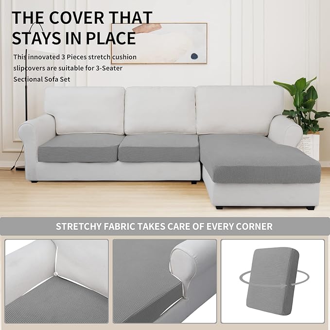 Easy-Going Stretch 3 Pieces Couch Cushion Covers for Sectional Sofa Left/Right L Shape Chaise Lounge Sofa Seat slipcover Anti-Slip Sofa Cover Soft (2 Seater + 1 Chaise, Light Gray) - Image 5