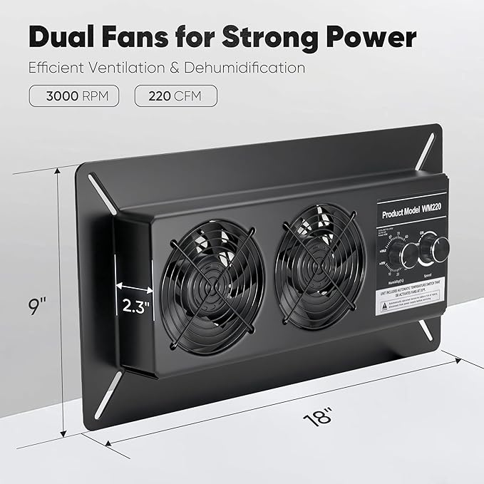220 CFM Crawl Space Vent Fan with Dehumidistat & Thermostat, Dual Knobs for Speed & Humidity Control, 3000 RPM, Reduces Indoor Radon, Humidity & Odors, High-Efficiency Ventilation - Image 7
