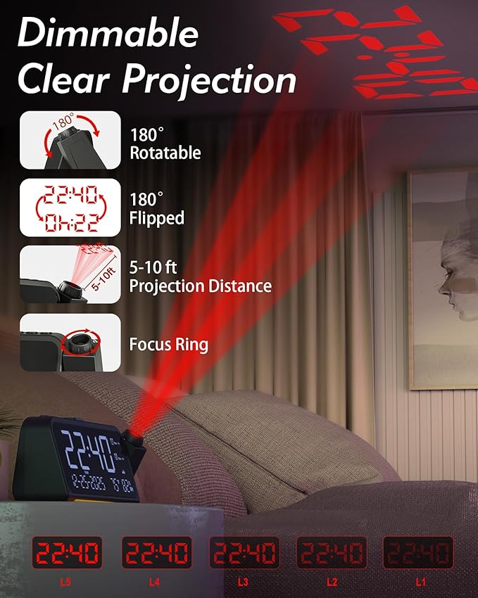 Roxicosly Projection Alarm Clock for Bedroom Ceiling, 118 dB Super Loud for Heavy Sleepers, Dual Alarm with Weekday/Weekend, Adjustable Volume, 6.7" Large Digital Dimmable Display, Easy to Read - Image 2