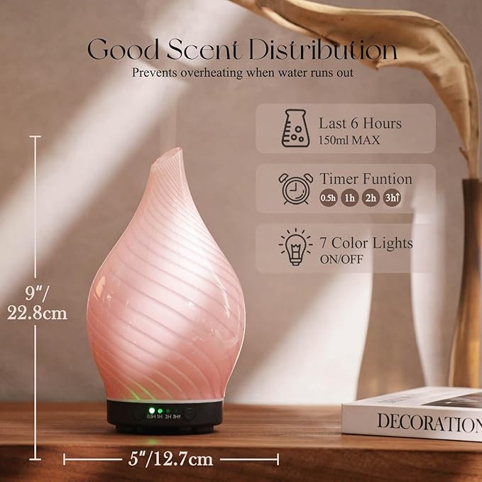 Porseme 150ml Essential Oil Diffuser Glass Color Changing Aroma Air Diffusers Aromatherapy Ultrasonic Cool Mist Humidifier 6 Running Hours Waterless Auto-Off for Sleeping Yoga Office Spa (Pure Pink) - Image 3