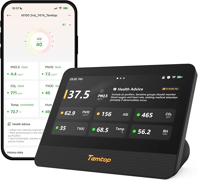 Temtop M100 2nd Gen Air Quality Monitor for Indoor Air, 7-Inch Touch Screen, Real-Time Tester for PM2.5, CO2, TVOC, Temp & Humidity, WiFi App & Multi-Room Monitoring with Smart Insights by Temtop