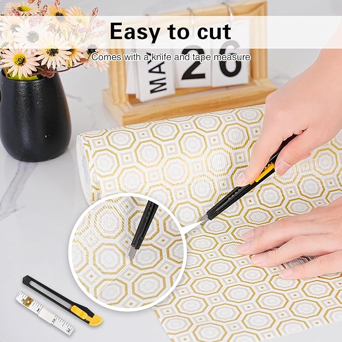 Drawer and Shelf Liner for Kitchen Cabinet,Non-Adhesive Cabinet Liner 24in x 10FT,Waterproof Shelf Paper Non-Slip Mats Cupboard Liners Contact Protect Dresser/Shelves/Table-Gold Octagonal - Image 4