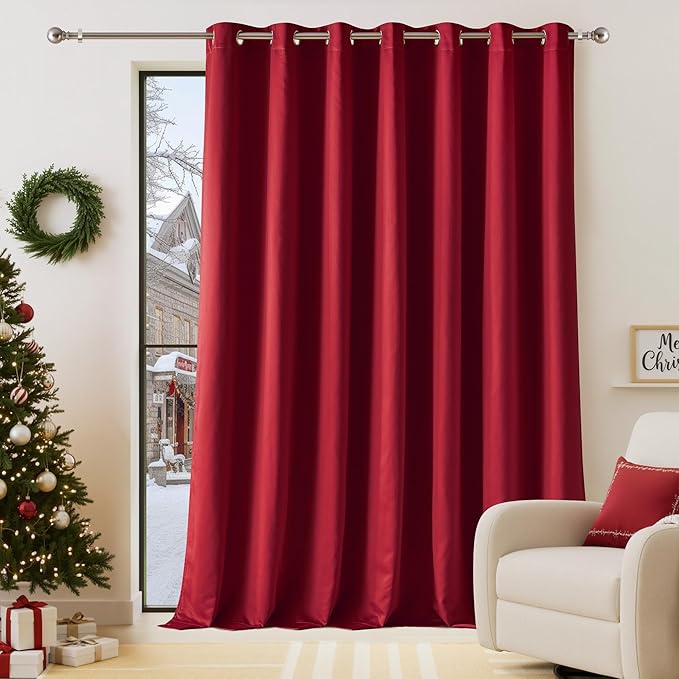 NICETOWN Thermal Insulated 100% Blackout Drape, Christmas Red, 1 PC, 100" x 84", Noise Reducing Performance Slider Faux Silk Curtain Panel with Black Lining, Full Light Blocking Patio Door Drapery by NICETOWN