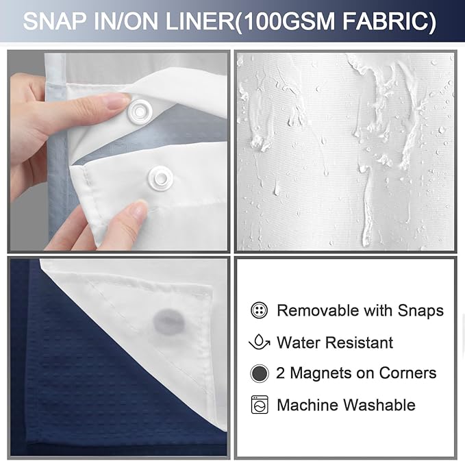 No Hook Shower Curtain and Liner Set,Ombre Blue Hotel Waffle Shower Curtain with Liner 75" L x 72" W - Image 3