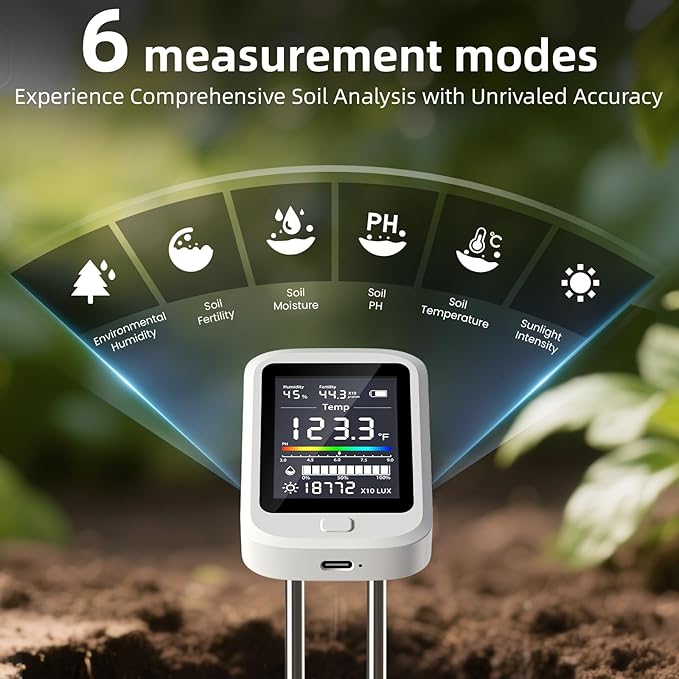 6-in-1 Soil Moisture Meter - 2026 Digital Soil Tester Kit with pH, Nutrient, Sunlight, Temperature & Humidity | Multi-Function Tester for Garden,Lawn and Indoor Plants | Factory-Permanent Calibration - Image 5
