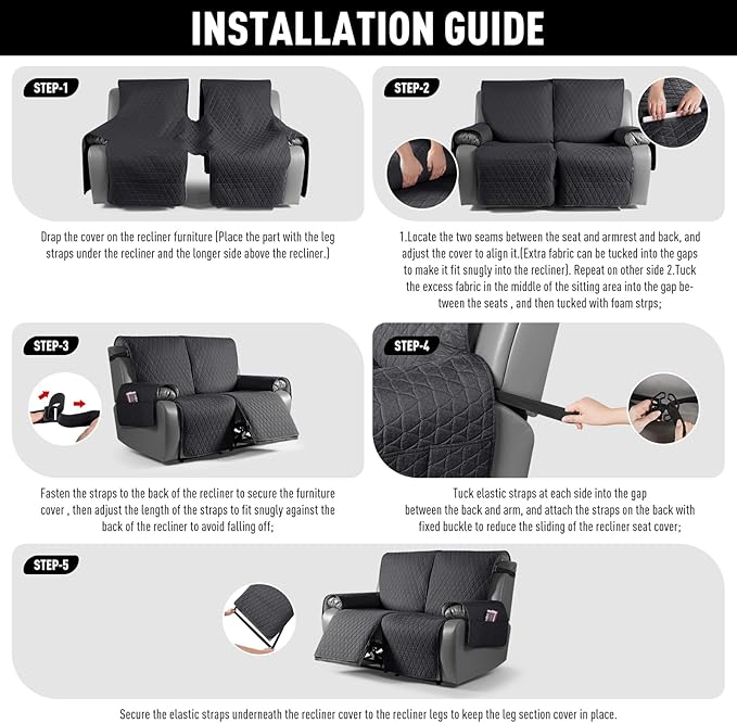 TAOCOCO 100% Waterproof Recliner Cover, Non-Slip Washable Reclining Couch Cover with Elastic Leg Straps, Furniture Protector for Dogs (Black, 3 Seater) - Image 7