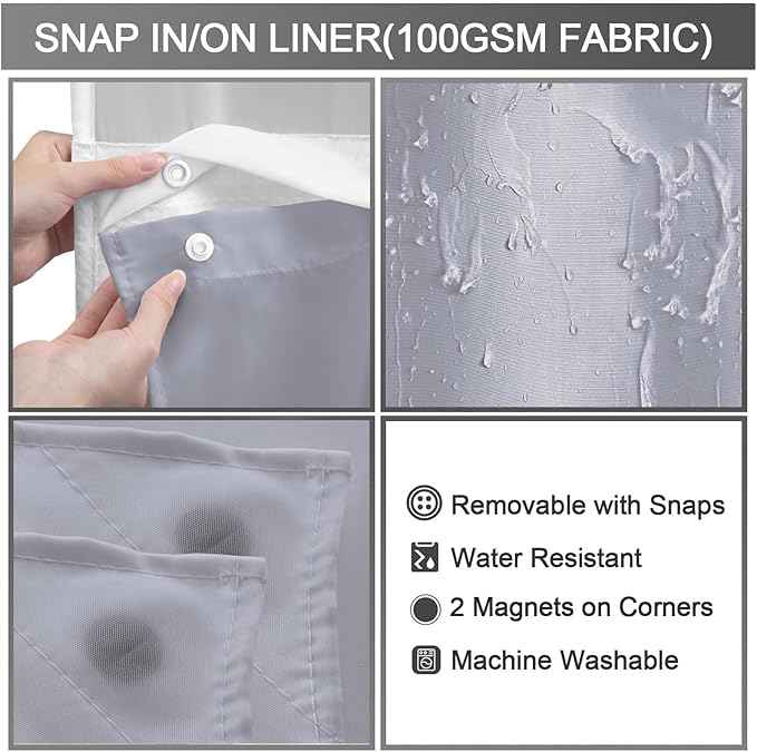 Replacement Snap-in Fabric Liner 71" W x 55" L, for 72" W x 75" L No Hook Shower Curtain - Grey - Image 4