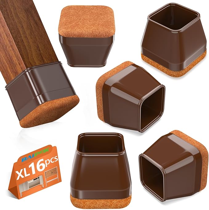 16Pcs Square Chair Leg Floor Protectors with Thickened Felt Pads Silicone Chair Leg Covers Caps to Protect Hardwood Tile Floors Furniture Feet Reduce Noise (Brown XL Fit 1.46"-1.77") by BAIPOK