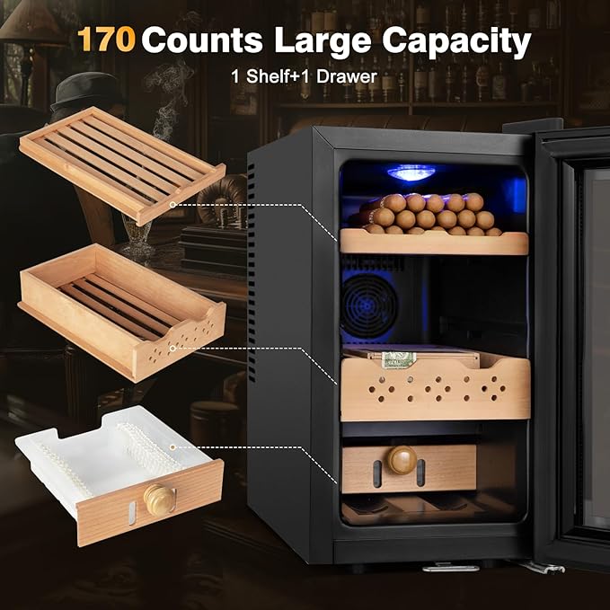 Electric Cooler Cabinet 25L with Temperature and Humidity Control, Spanish Cedar Wood Shelves and Safety Lock (180 Counts Capacity), Gift for Men - Image 5