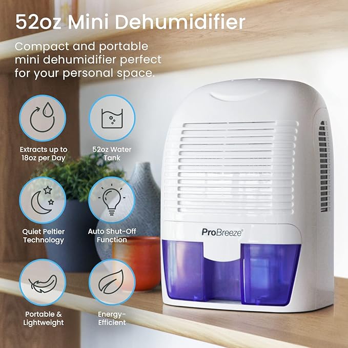 Pro Breeze Electric Mini Dehumidifier, 2200 Cubic Feet (250 sq ft), Compact and Portable for High Humidity in Home, Kitchen, Bedroom, Basement, Caravan, Office, Garage - Image 2