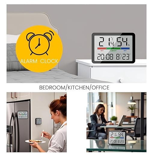 Digital Hygrometer Indoor Thermometer, Clock with Temp & Humidity, Temp Gauge with Comfort Indicator, Wall/Magnetic/Desk Alarm Clock for Bedroom, Baby Room, Office, Kitchen, Garage (White) - Image 7
